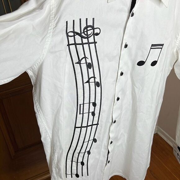 Axxess White Cotton Black Music Notes Embroidery High Collar French Cuff Shirt 3 - Picture 4 of 7